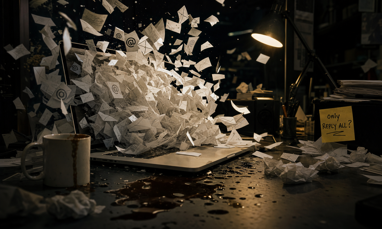 Chaotic office desk with emails flying from a laptop after a reply-all mistake