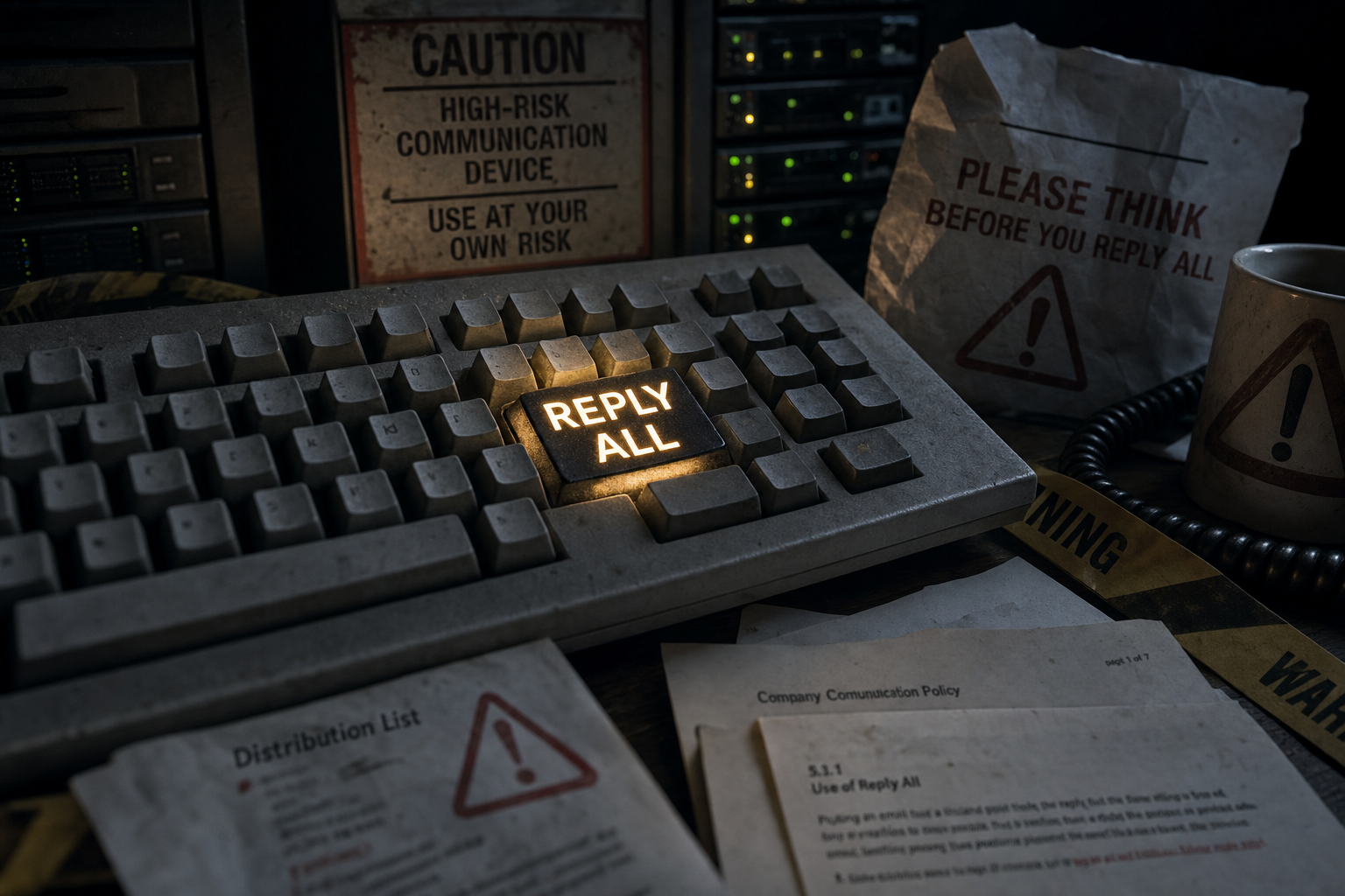 A glowing reply-all button surrounded by warning notes and overflowing emails